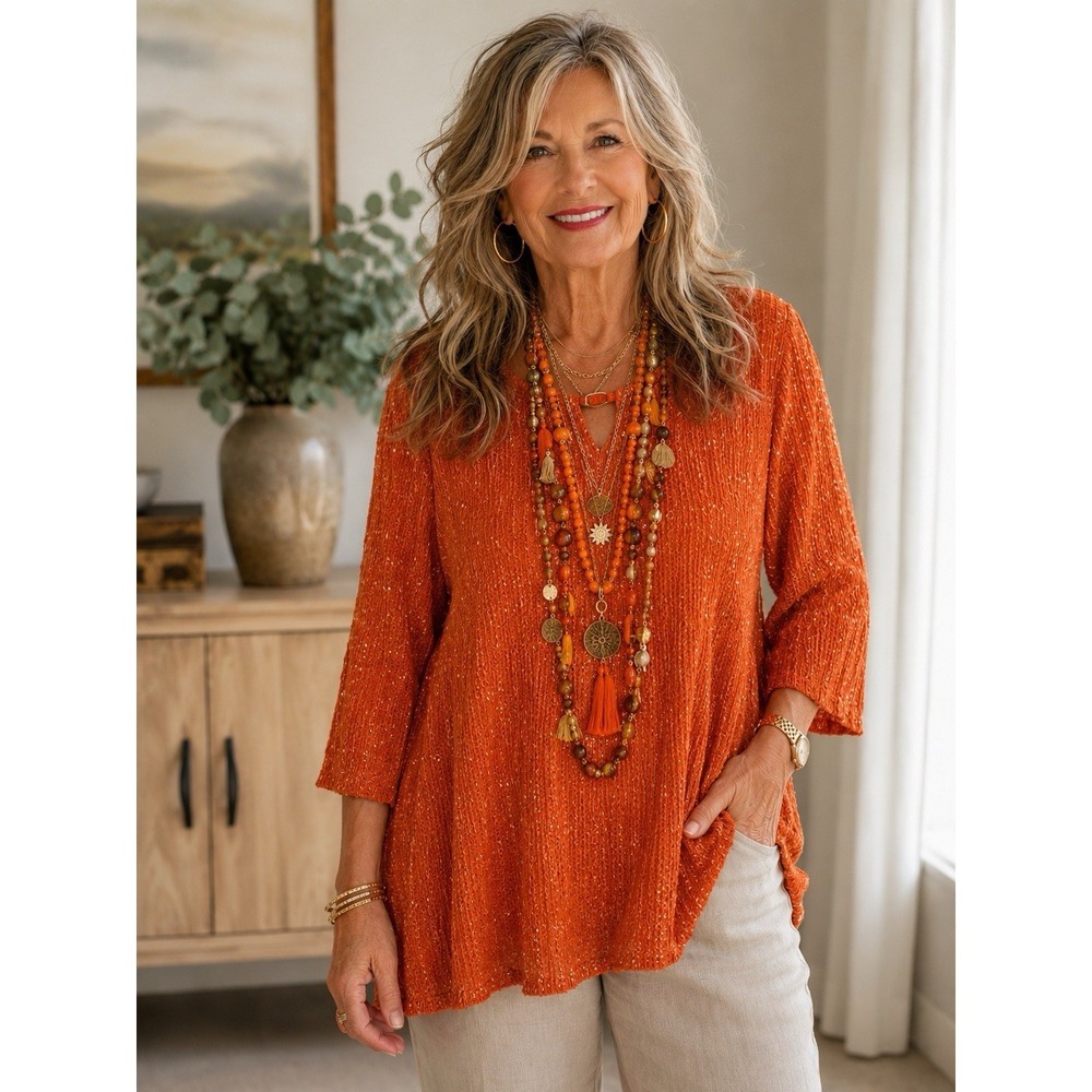 Alfred Dunner XL Orange Metallic Shimmer Tunic Top Evening Party Boho